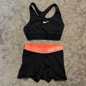 Nike Black and Coral Sports Bra and Shorts